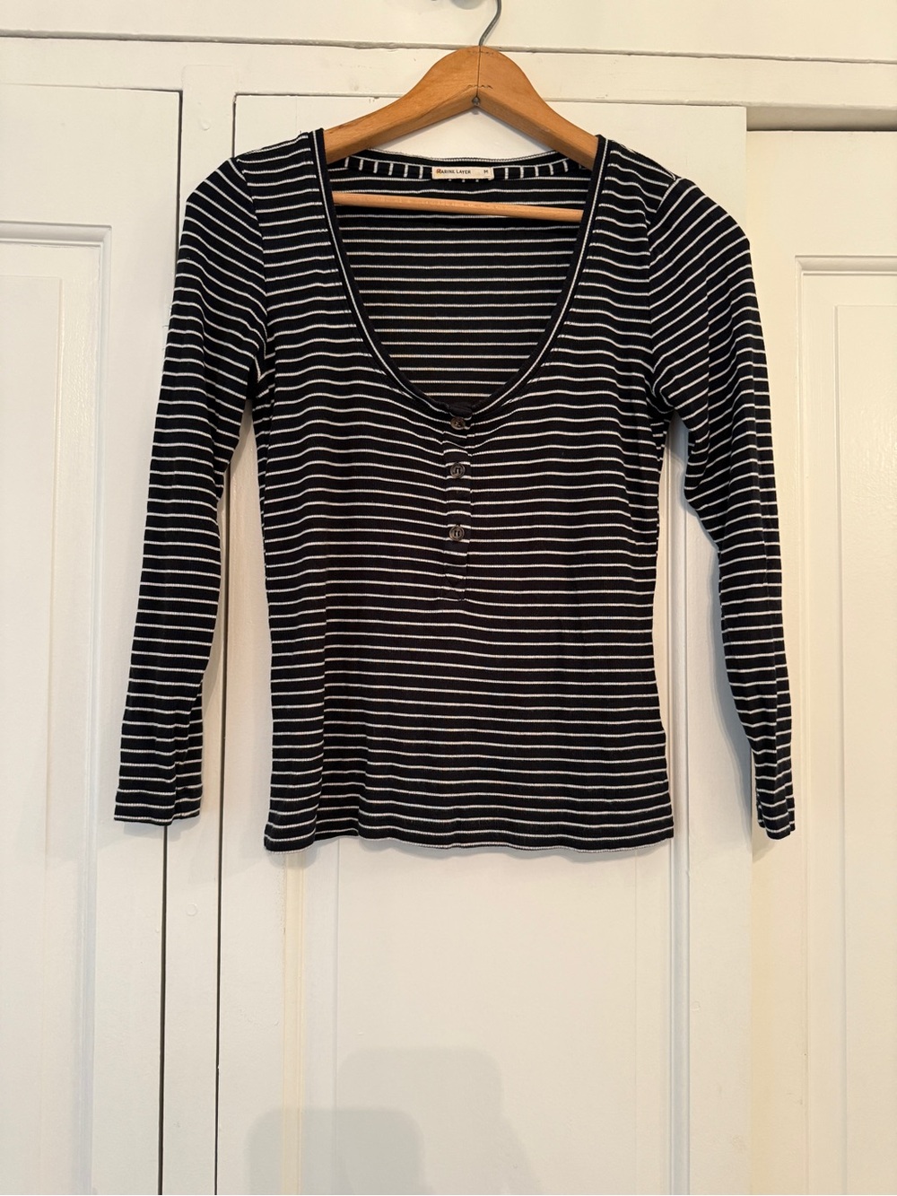 Marine Layer Breton Navy and White Stripe Henley (M)